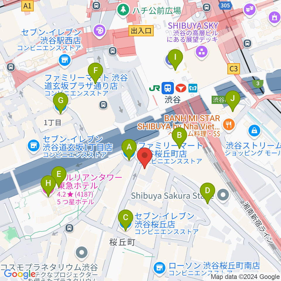 渋谷ギターズステーション周辺のコンビニエンスストア一覧地図