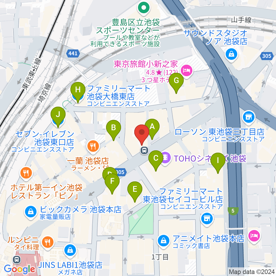 ロックハウスイケベ池袋周辺のコンビニエンスストア一覧地図