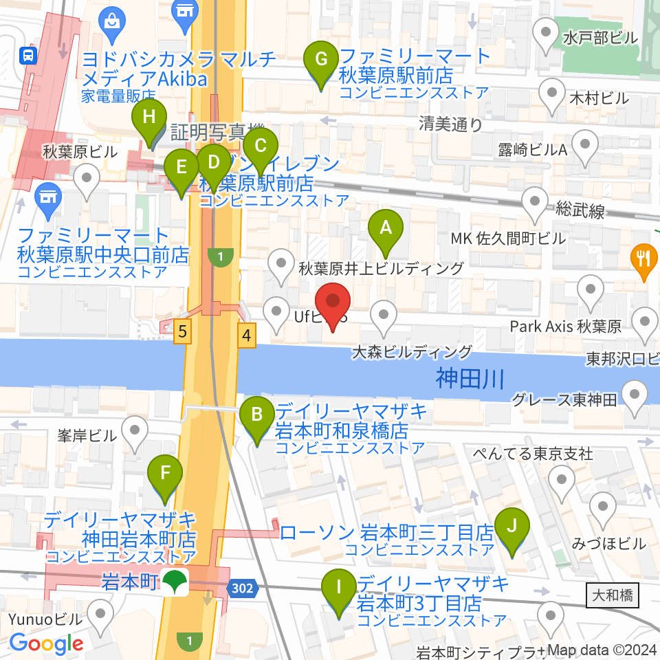 イケベ楽器店リボレ秋葉原周辺のコンビニエンスストア一覧地図