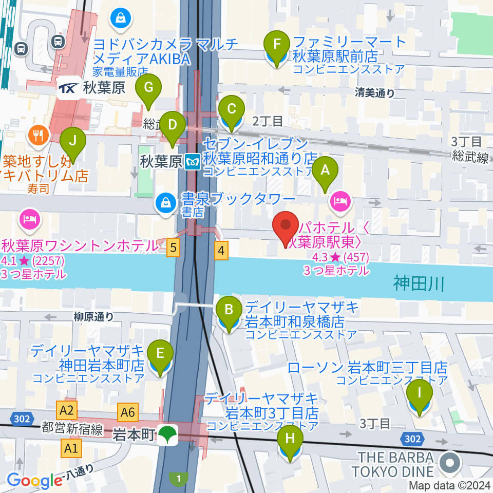 イケベ楽器店リボレ秋葉原周辺のコンビニエンスストア一覧地図