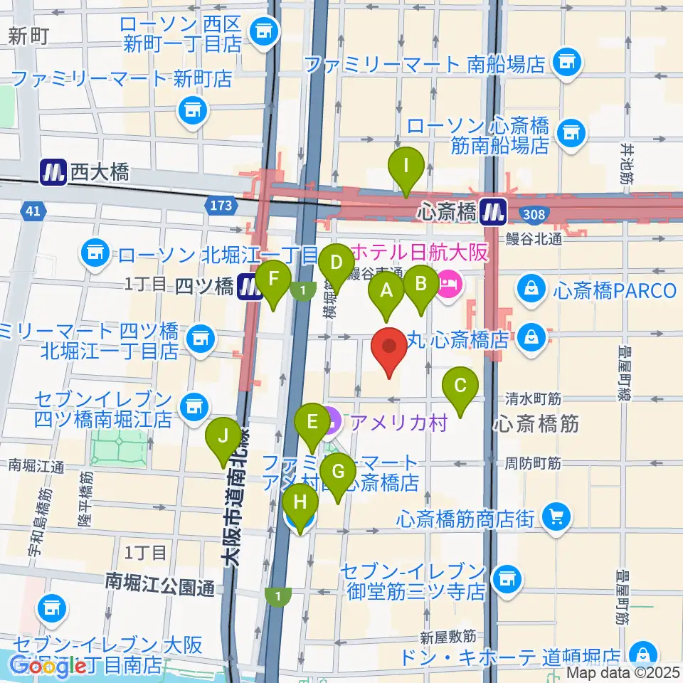 イシバシ楽器 心斎橋店周辺のコンビニエンスストア一覧地図