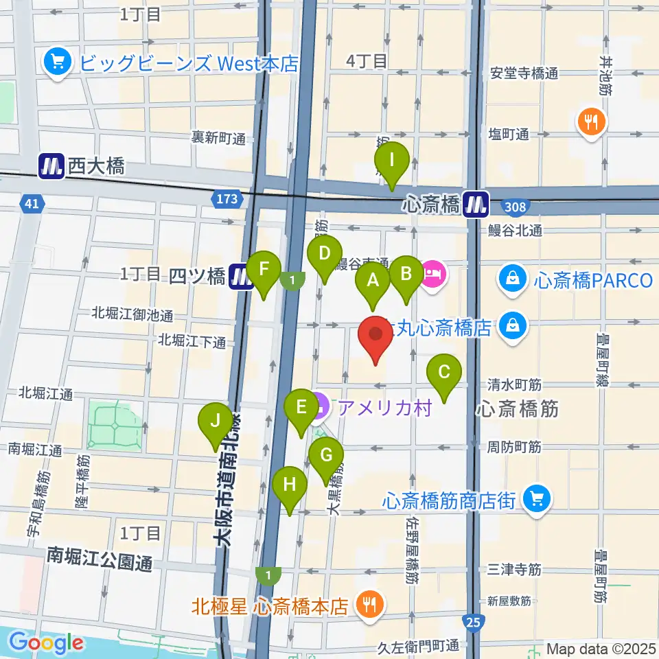 イシバシ楽器 心斎橋店周辺のコンビニエンスストア一覧地図