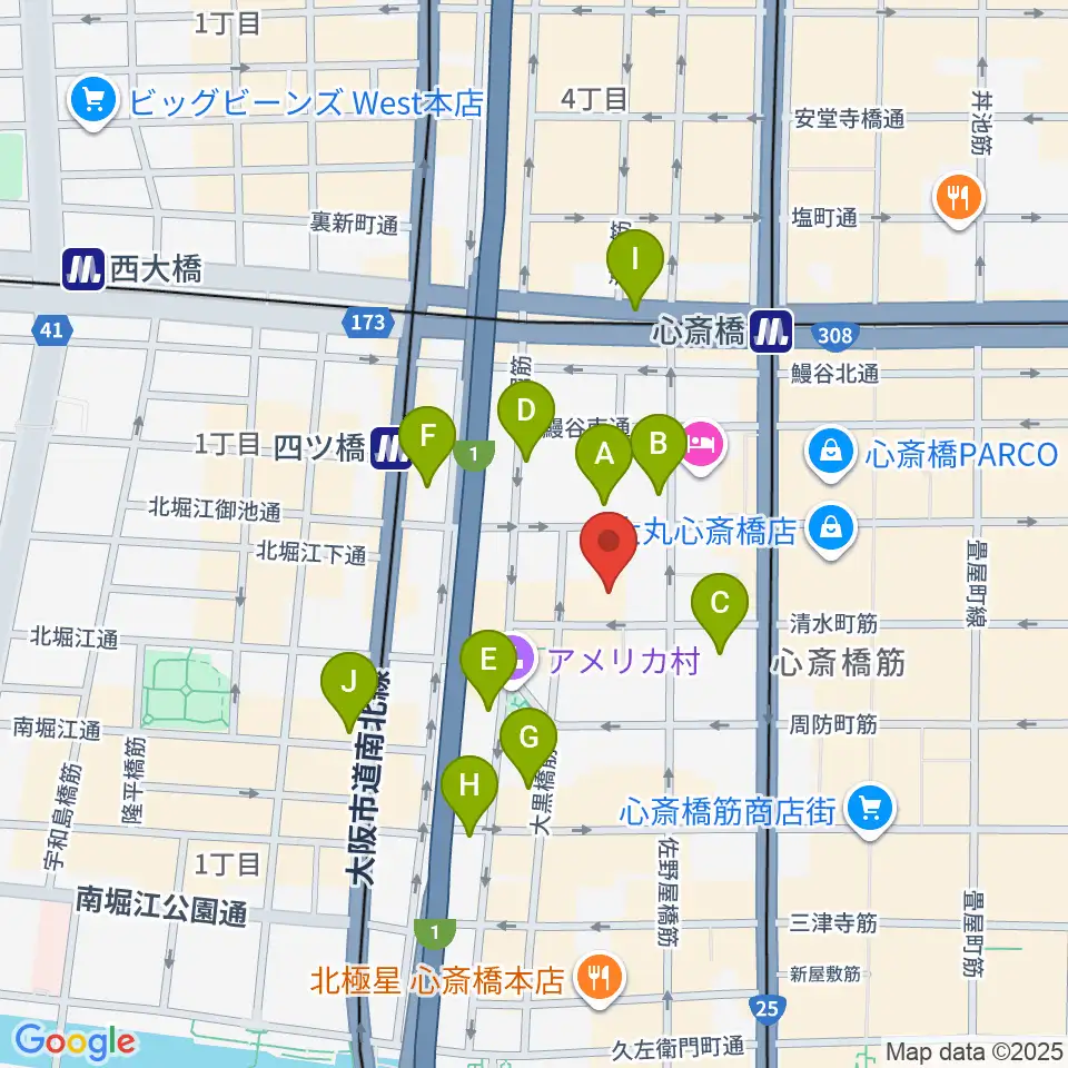 イシバシ楽器 心斎橋店周辺のコンビニエンスストア一覧地図