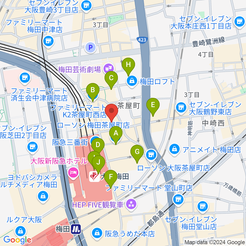 イシバシ楽器 梅田店周辺のコンビニエンスストア一覧地図