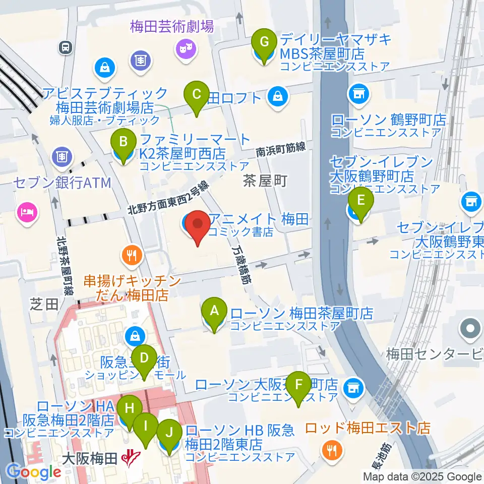 イシバシ楽器 梅田店周辺のコンビニエンスストア一覧地図