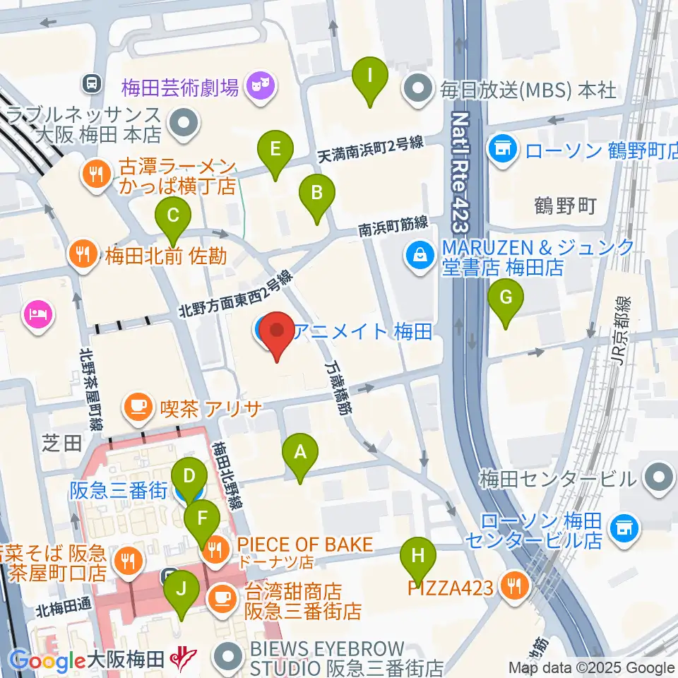 イシバシ楽器 梅田店周辺のコンビニエンスストア一覧地図