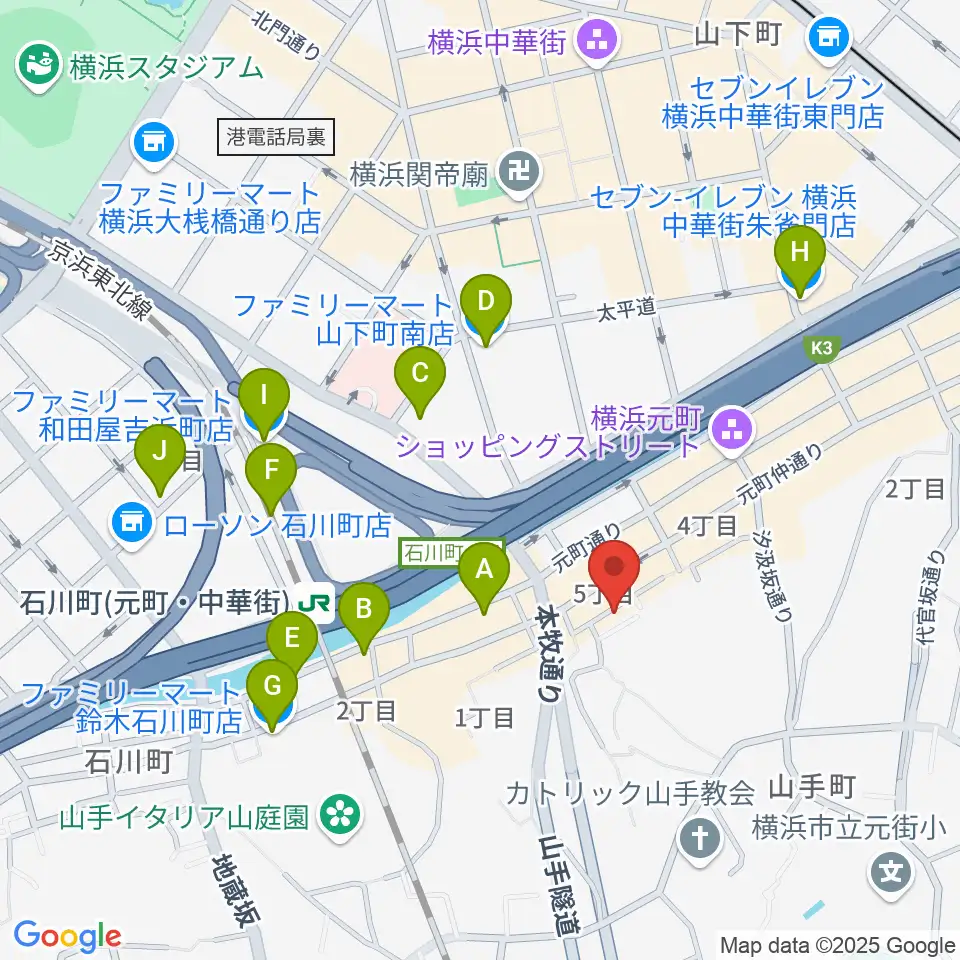 元町弦楽器 LA CANTINA周辺のコンビニエンスストア一覧地図