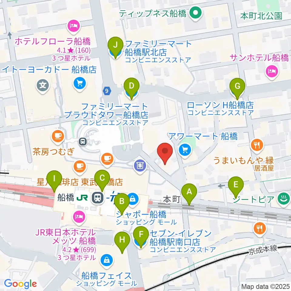 YuMe VOCAL SCHOOL 千葉船橋校周辺のコンビニエンスストア一覧地図