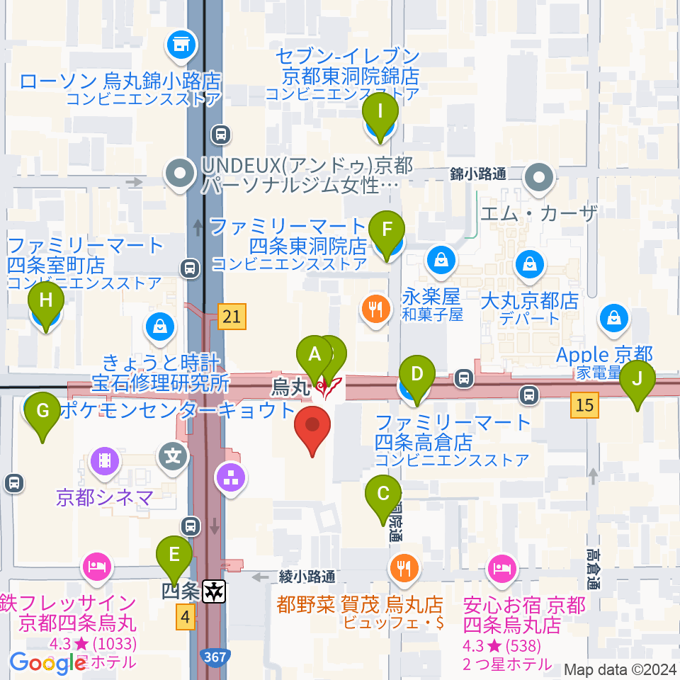 JEUGIAミュージックサロン四条周辺のコンビニエンスストア一覧地図