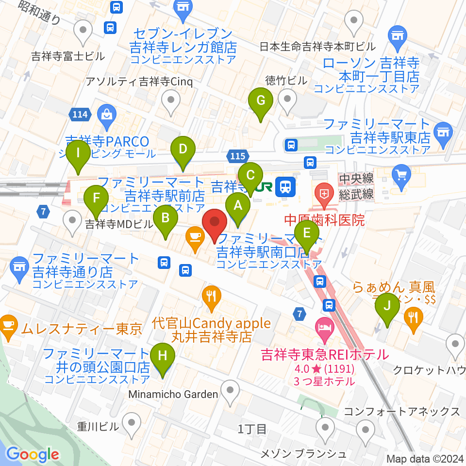 シアーミュージック 吉祥寺校周辺のコンビニエンスストア一覧地図