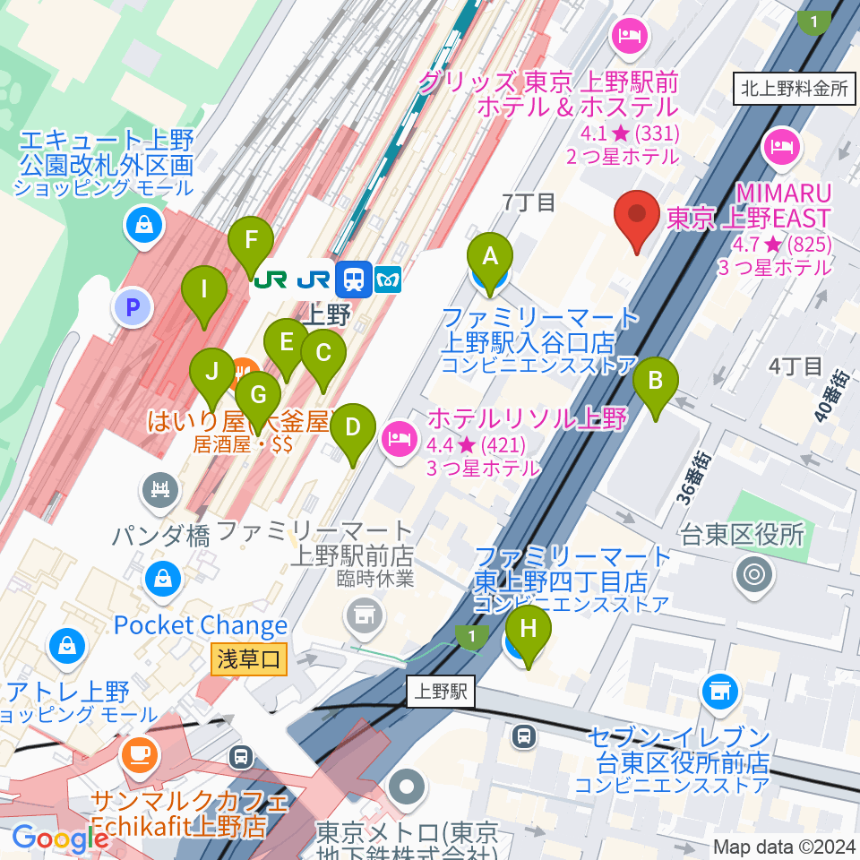 シアーミュージック 上野校周辺のコンビニエンスストア一覧地図