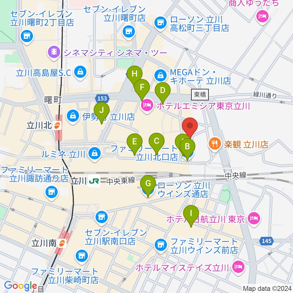 シアーミュージック立川校周辺のコンビニエンスストア一覧地図