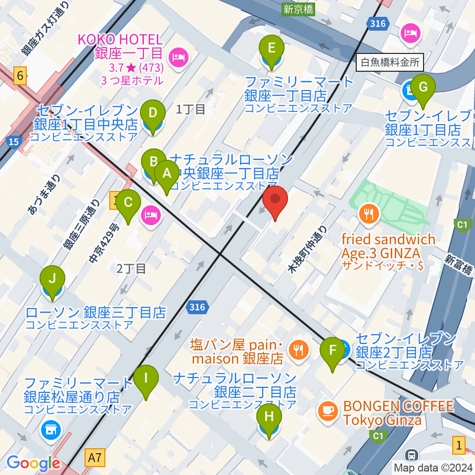 銀座BLUE EYES周辺のコンビニエンスストア一覧地図