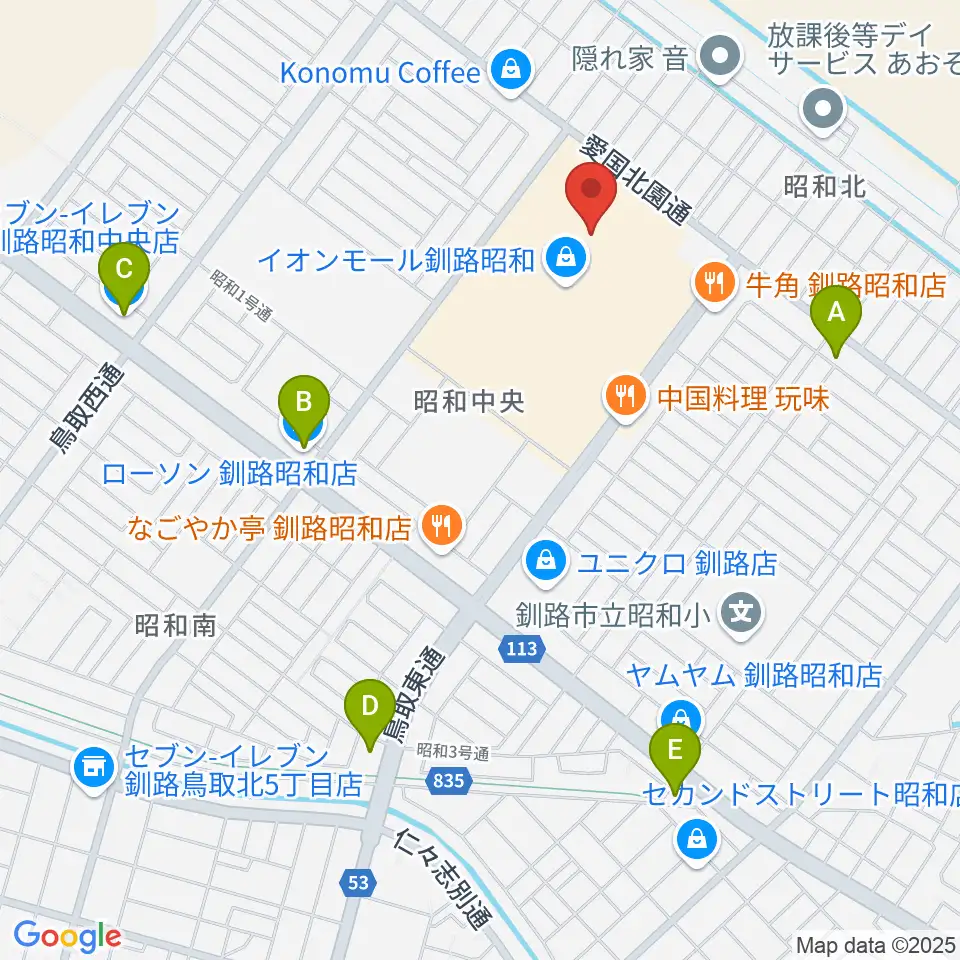 島村楽器 イオンモール釧路昭和店周辺のコンビニエンスストア一覧地図