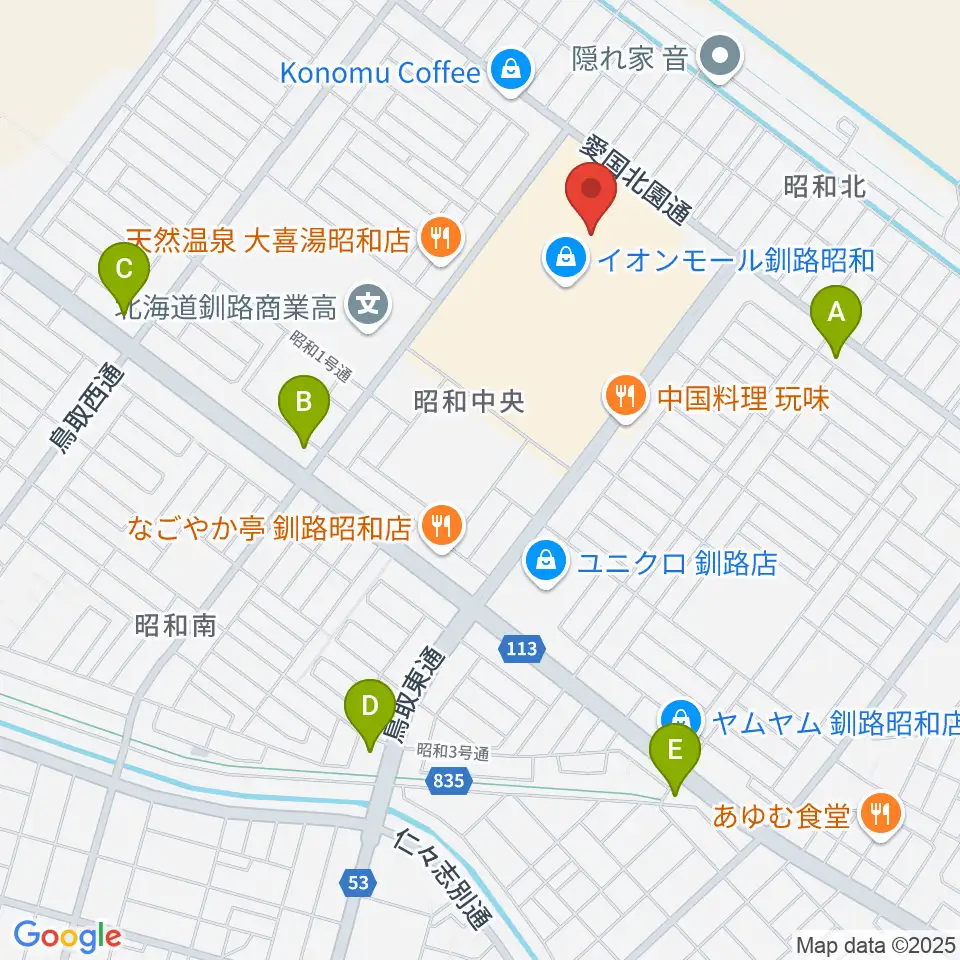 島村楽器 イオンモール釧路昭和店周辺のコンビニエンスストア一覧地図