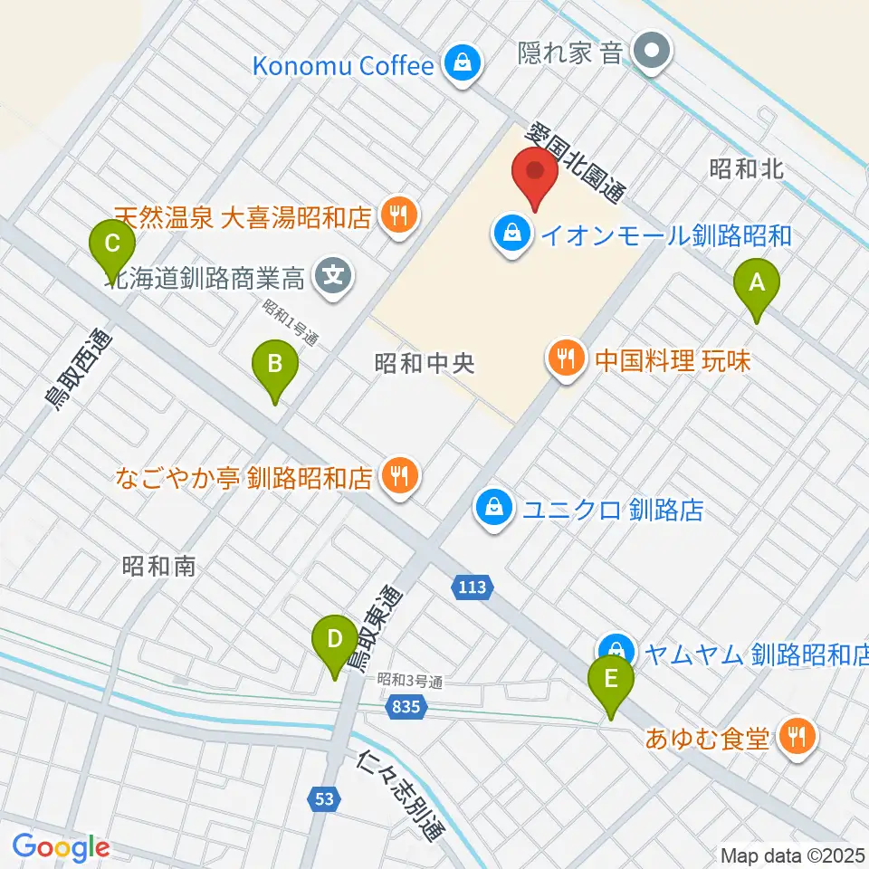島村楽器 イオンモール釧路昭和店周辺のコンビニエンスストア一覧地図
