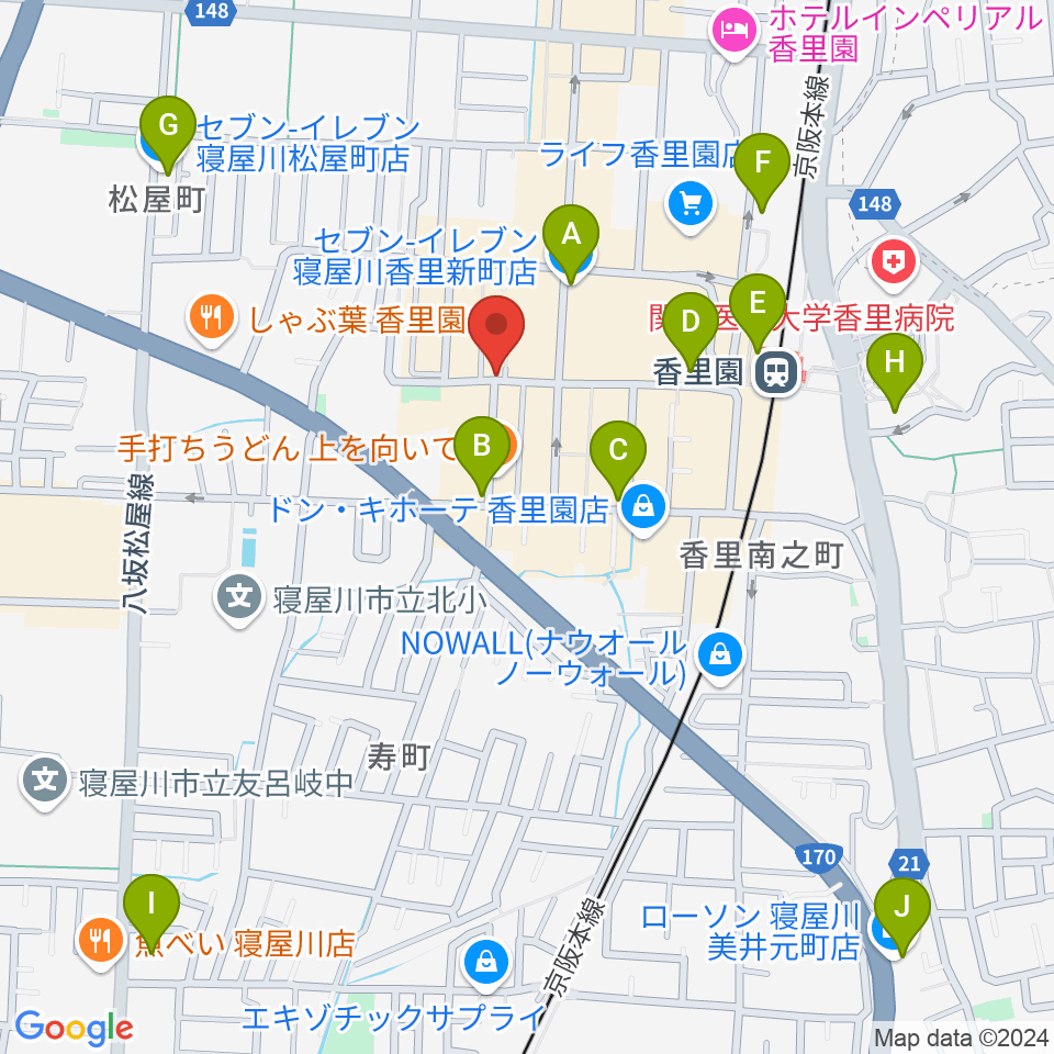 第一楽器 香里店周辺のコンビニエンスストア一覧地図