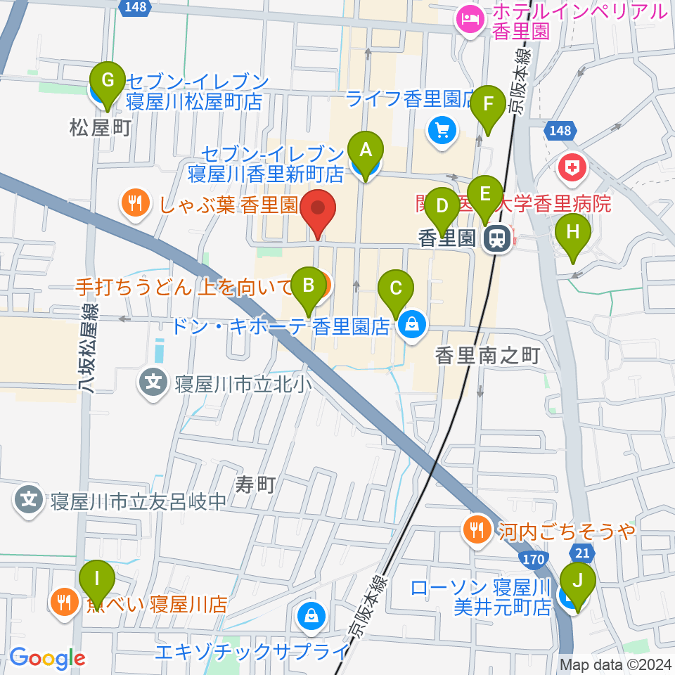 第一楽器 香里店周辺のコンビニエンスストア一覧地図