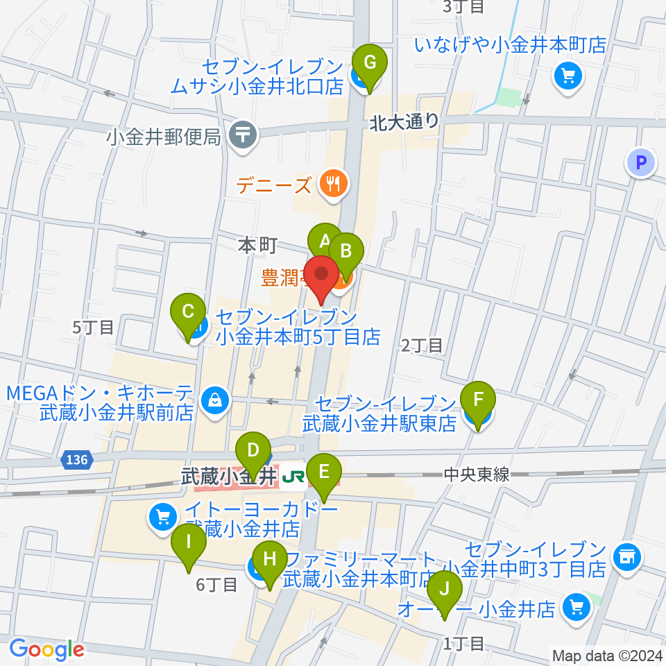 宮地楽器 小金井店周辺のコンビニエンスストア一覧地図