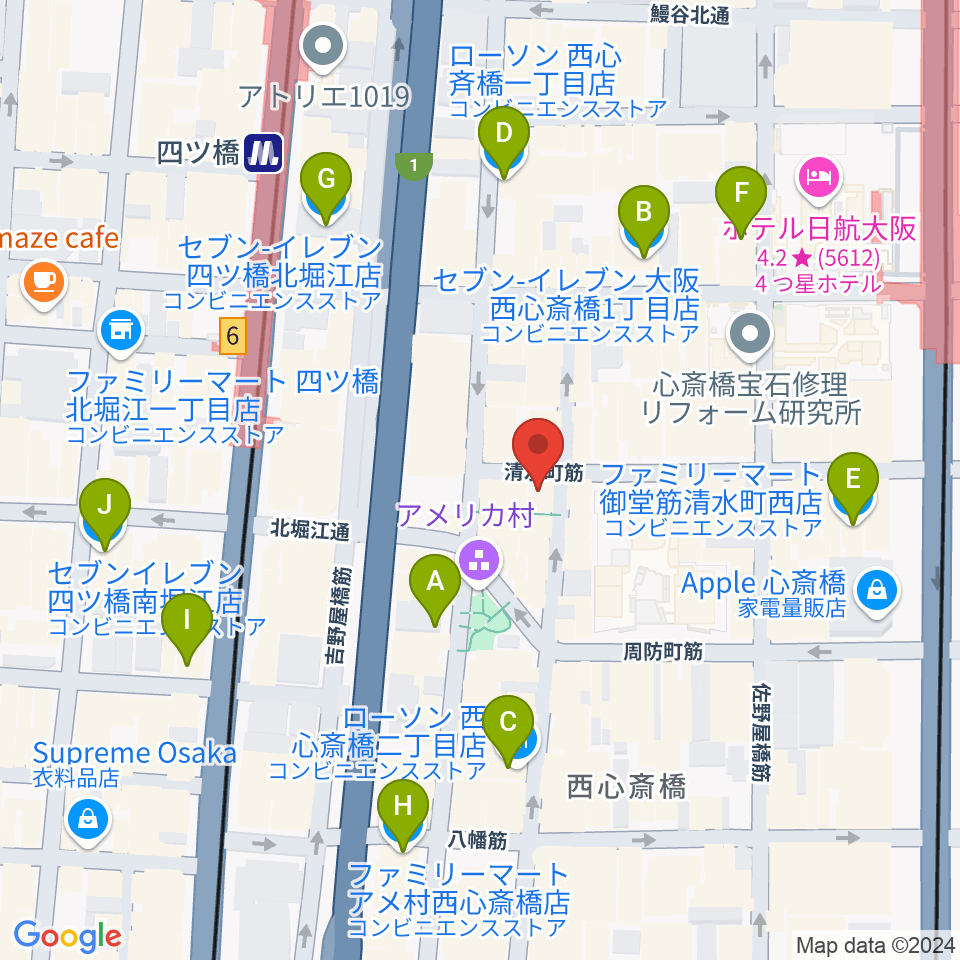 三木楽器アメリカ村店周辺のコンビニエンスストア一覧地図