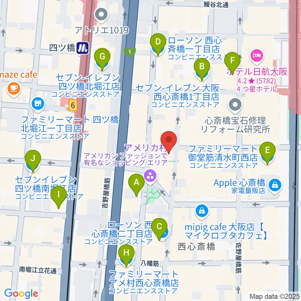 三木楽器アメリカ村店周辺のコンビニエンスストア一覧地図