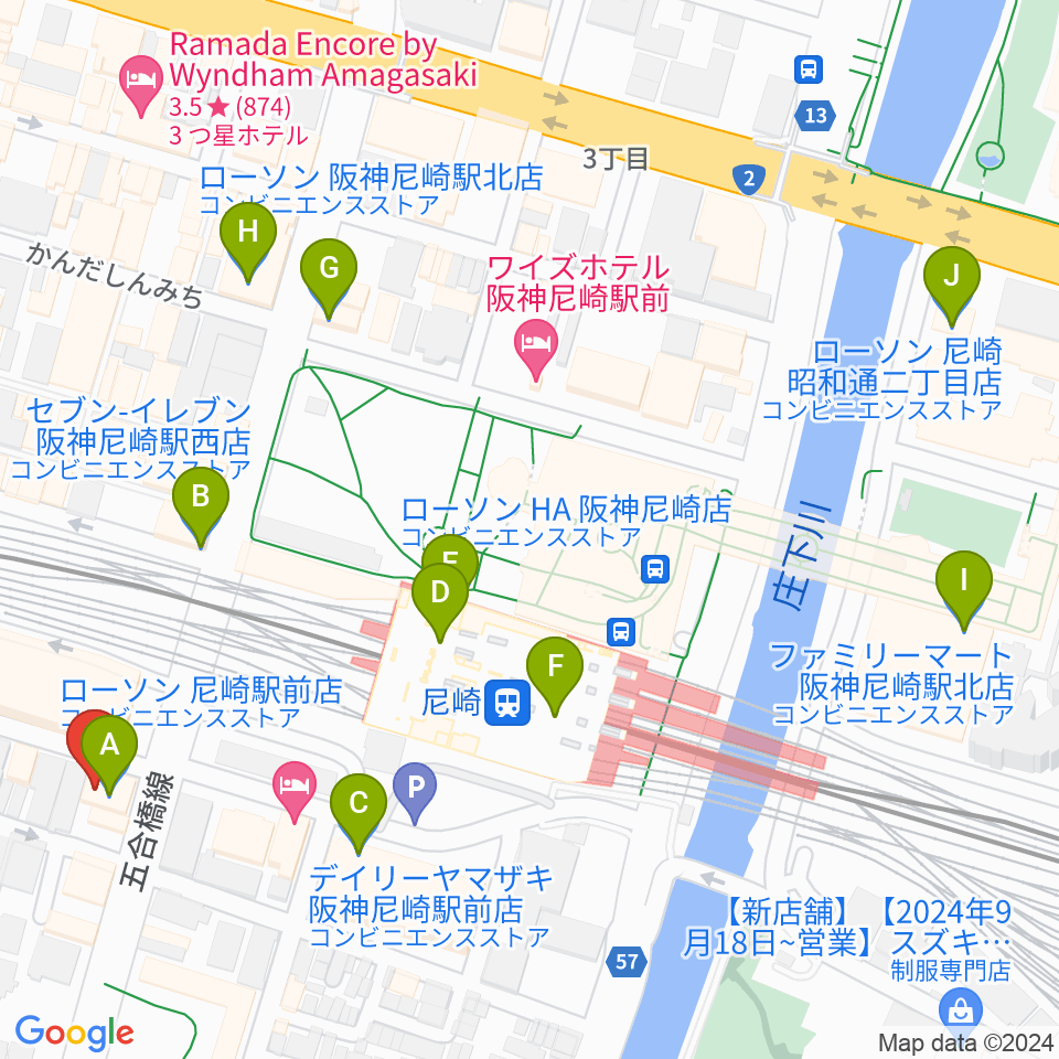 ベースオントップ尼崎店周辺のコンビニエンスストア一覧地図