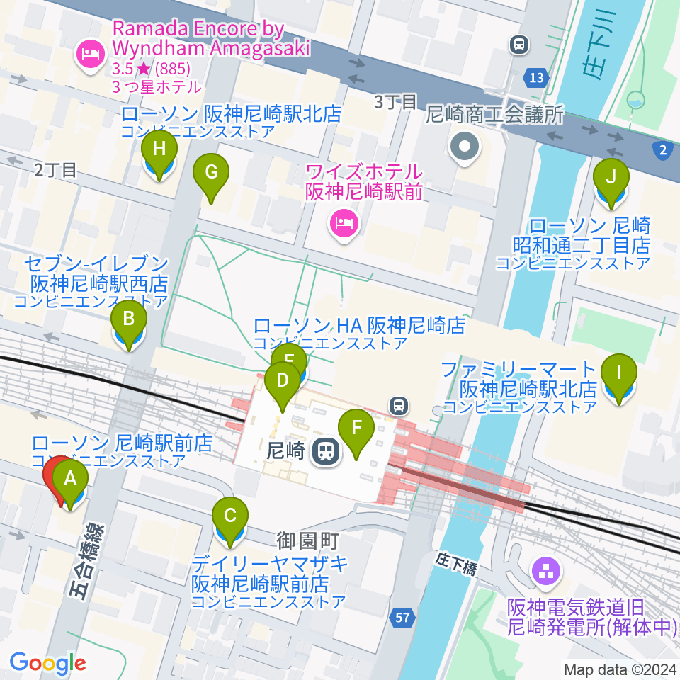 ベースオントップ尼崎店周辺のコンビニエンスストア一覧地図