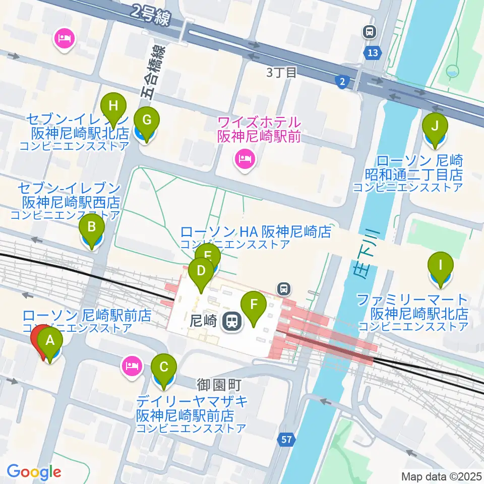 ベースオントップ尼崎店周辺のコンビニエンスストア一覧地図