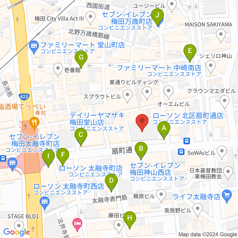 ベースオントップ大阪梅田店周辺のコンビニエンスストア一覧地図