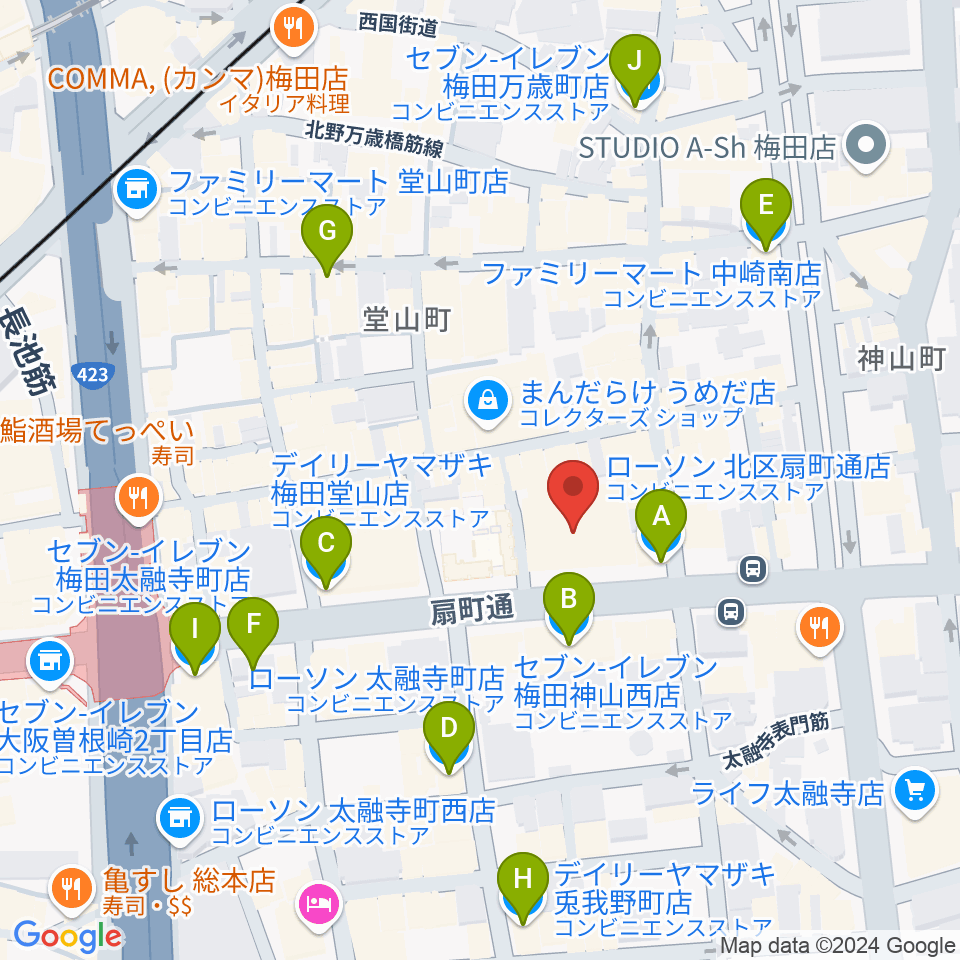 ベースオントップ大阪梅田店周辺のコンビニエンスストア一覧地図