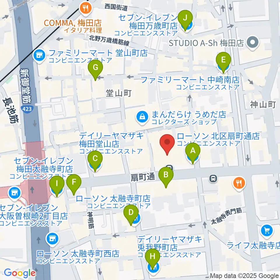 ベースオントップ大阪梅田店周辺のコンビニエンスストア一覧地図
