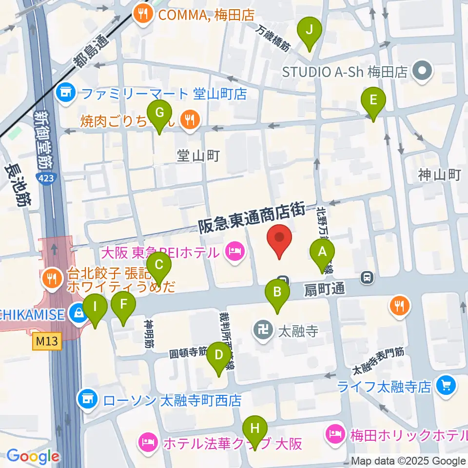 ベースオントップ大阪梅田店周辺のコンビニエンスストア一覧地図