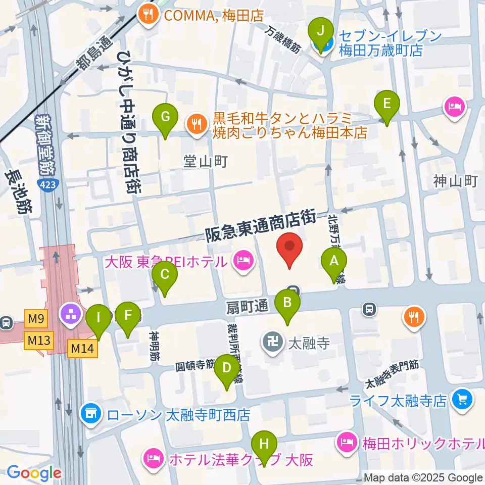 ベースオントップ大阪梅田店周辺のコンビニエンスストア一覧地図