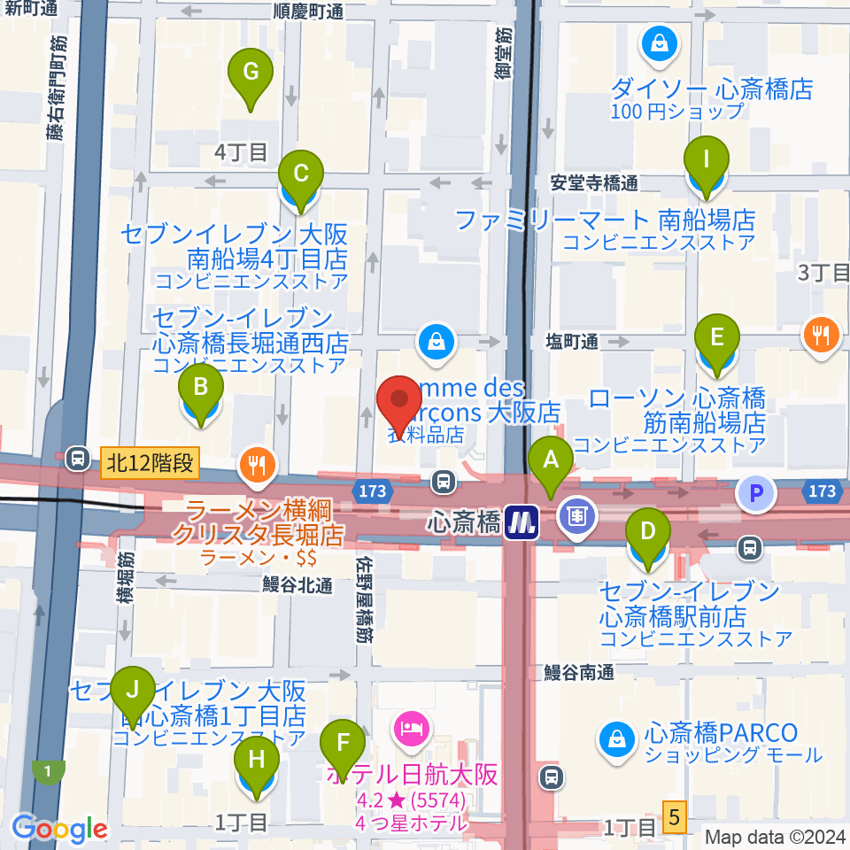 ベースオントップ心斎橋店周辺のコンビニエンスストア一覧地図