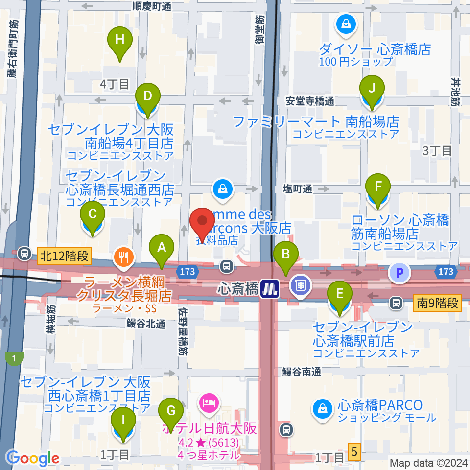 ベースオントップ心斎橋店周辺のコンビニエンスストア一覧地図