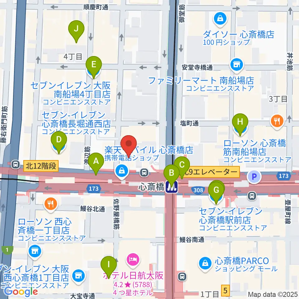 ベースオントップ心斎橋店周辺のコンビニエンスストア一覧地図