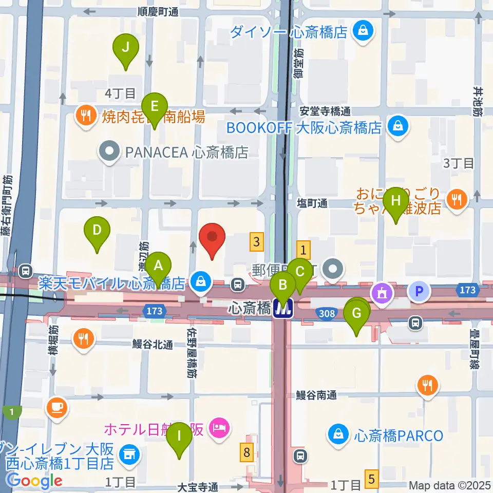 ベースオントップ心斎橋店周辺のコンビニエンスストア一覧地図
