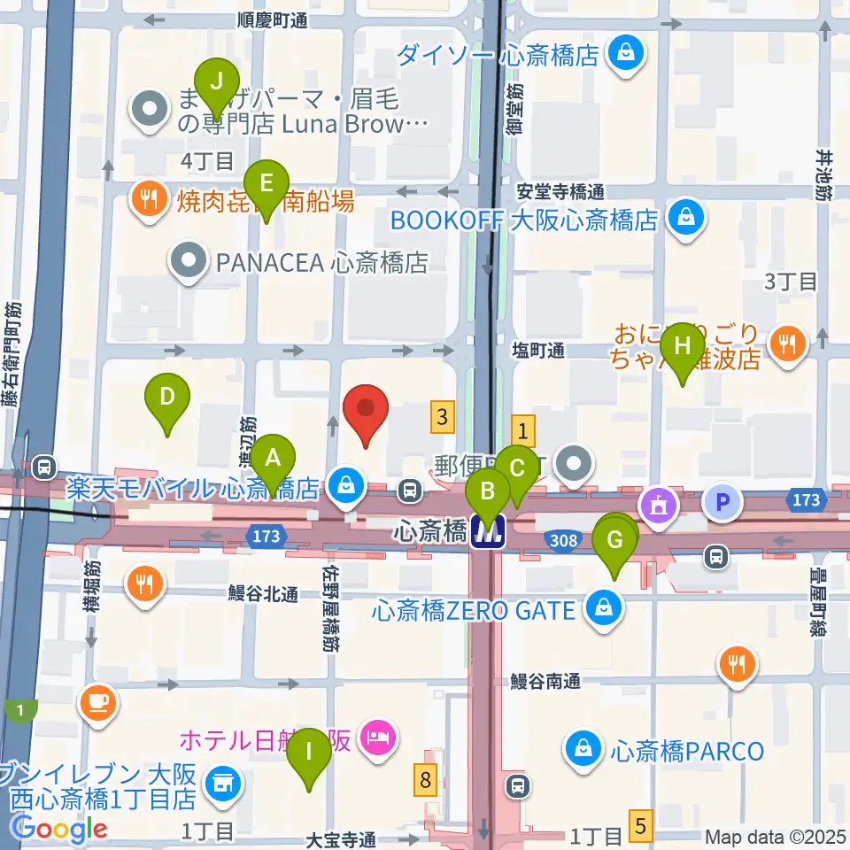 ベースオントップ心斎橋店周辺のコンビニエンスストア一覧地図