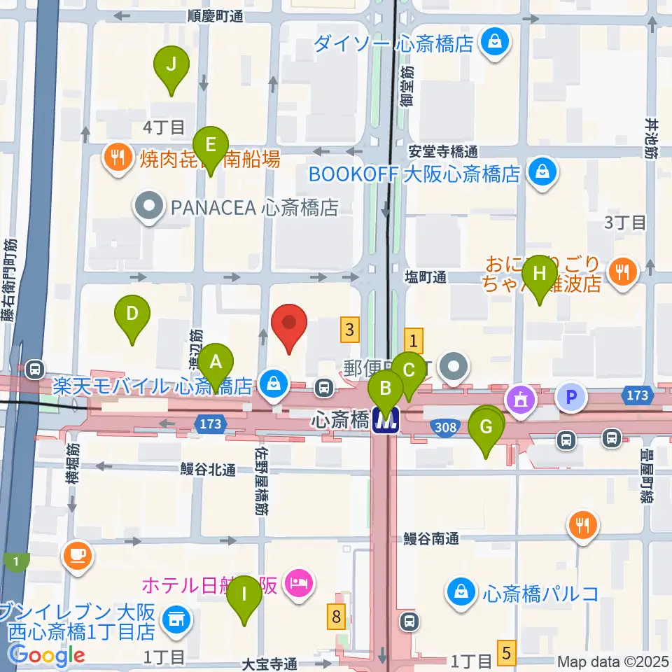 ベースオントップ心斎橋店周辺のコンビニエンスストア一覧地図