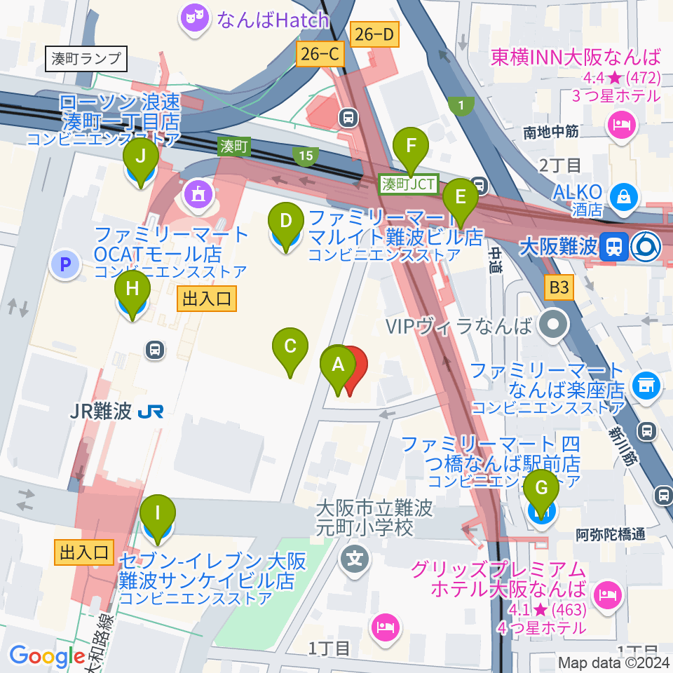 ベースオントップなんば店周辺のコンビニエンスストア一覧地図