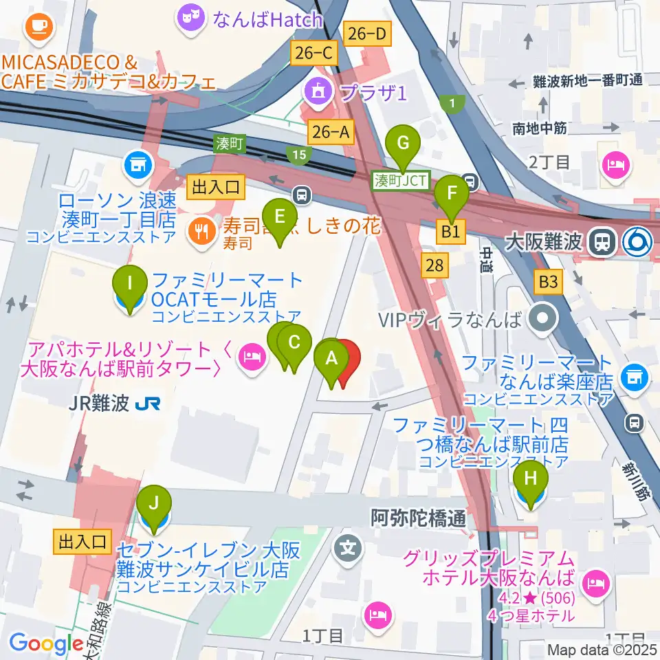 ベースオントップなんば店周辺のコンビニエンスストア一覧地図