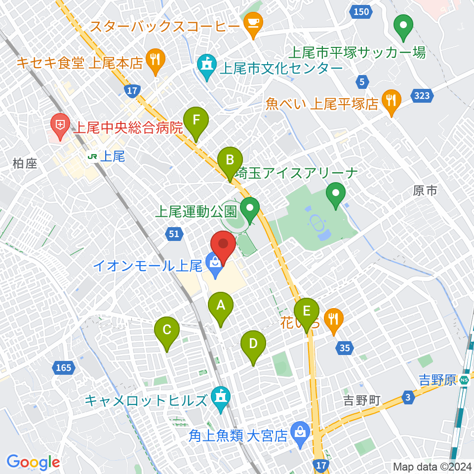 山野楽器イオンモール上尾店周辺のコンビニエンスストア一覧地図