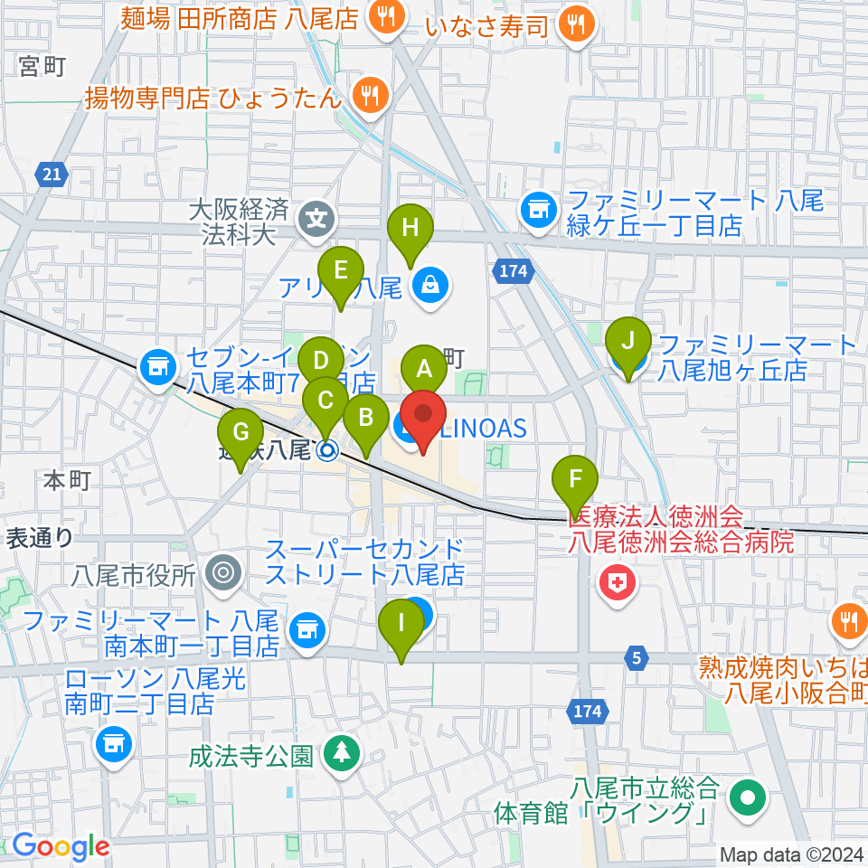 山野楽器 リノアス八尾店周辺のコンビニエンスストア一覧地図