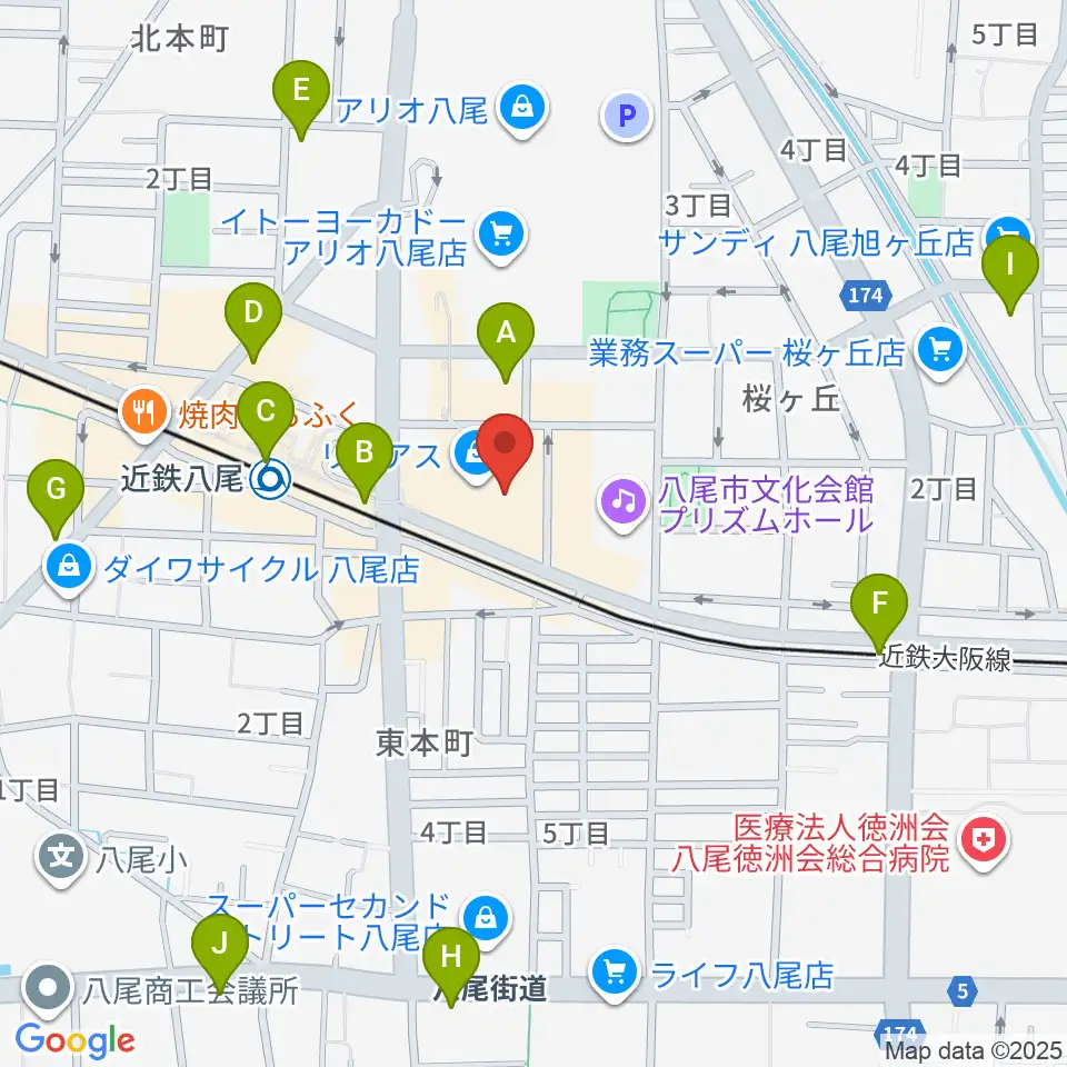 山野楽器 リノアス八尾店周辺のコンビニエンスストア一覧地図