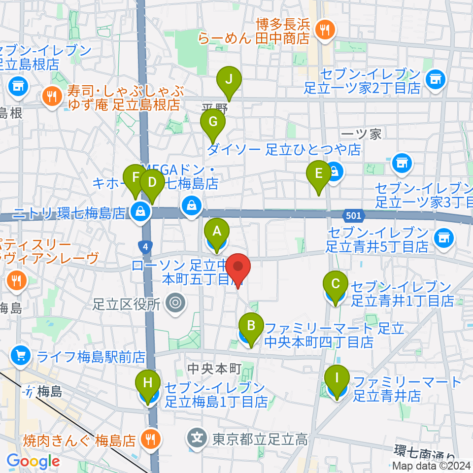 わたなべ音楽堂ベルネザール周辺のコンビニエンスストア一覧地図