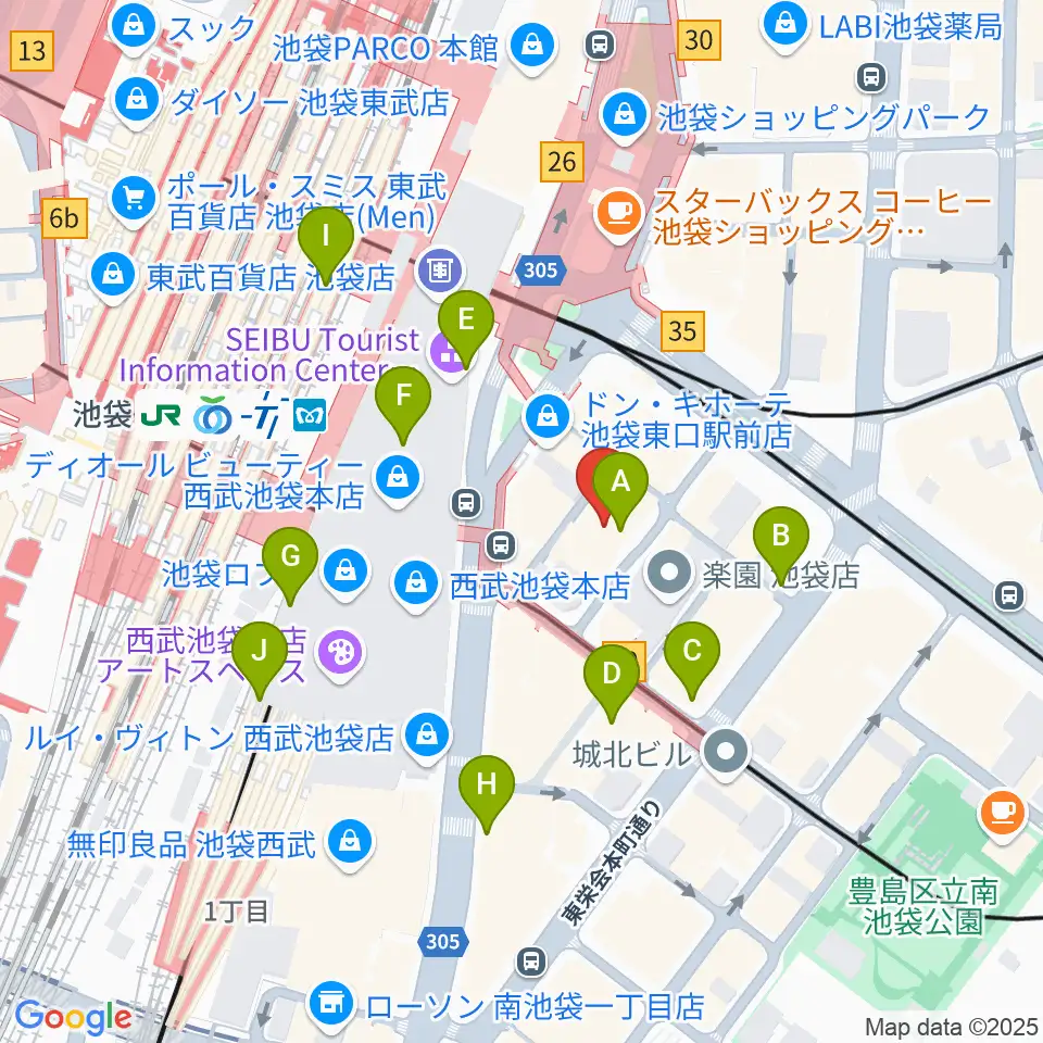 池袋EDGE周辺のコンビニエンスストア一覧地図