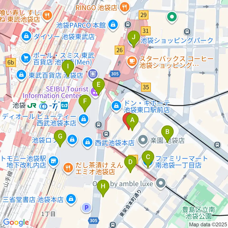 池袋EDGE周辺のコンビニエンスストア一覧地図