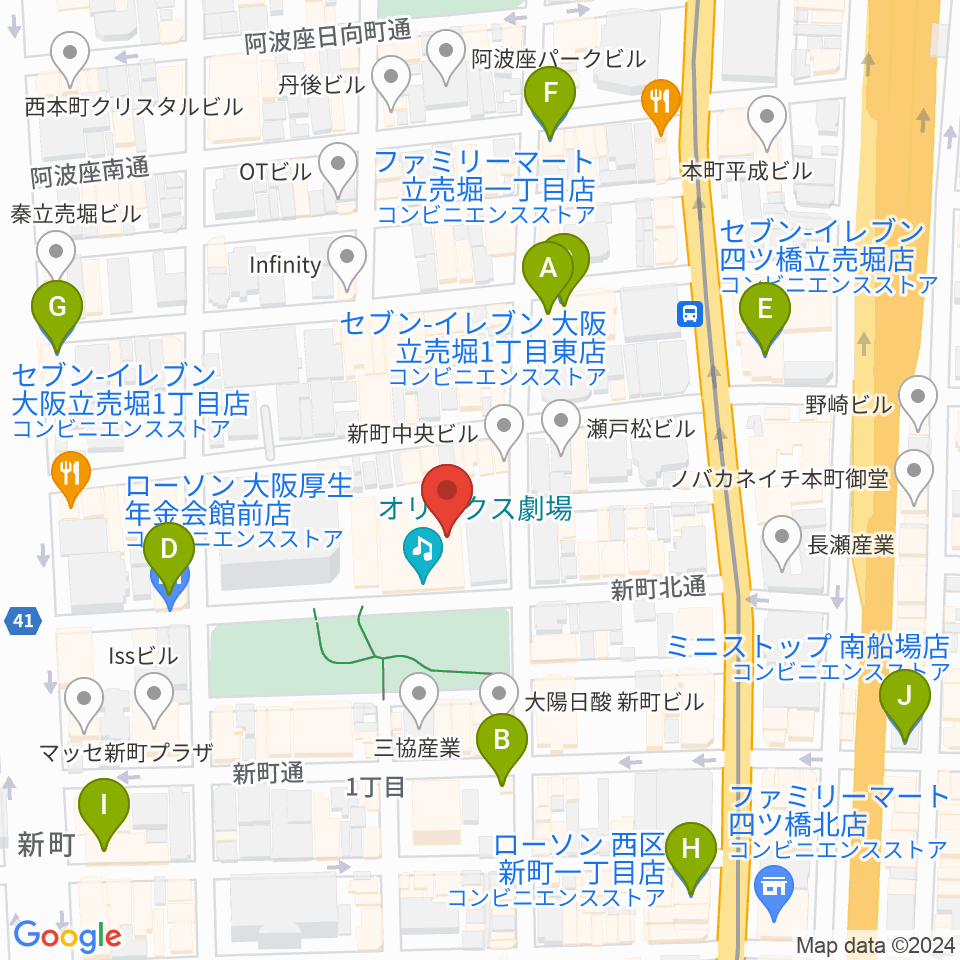 オリックス劇場周辺のコンビニエンスストア一覧地図