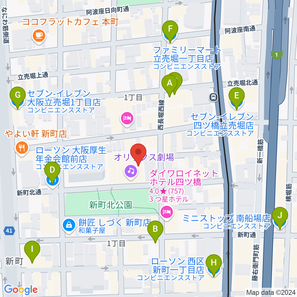 オリックス劇場周辺のコンビニエンスストア一覧地図