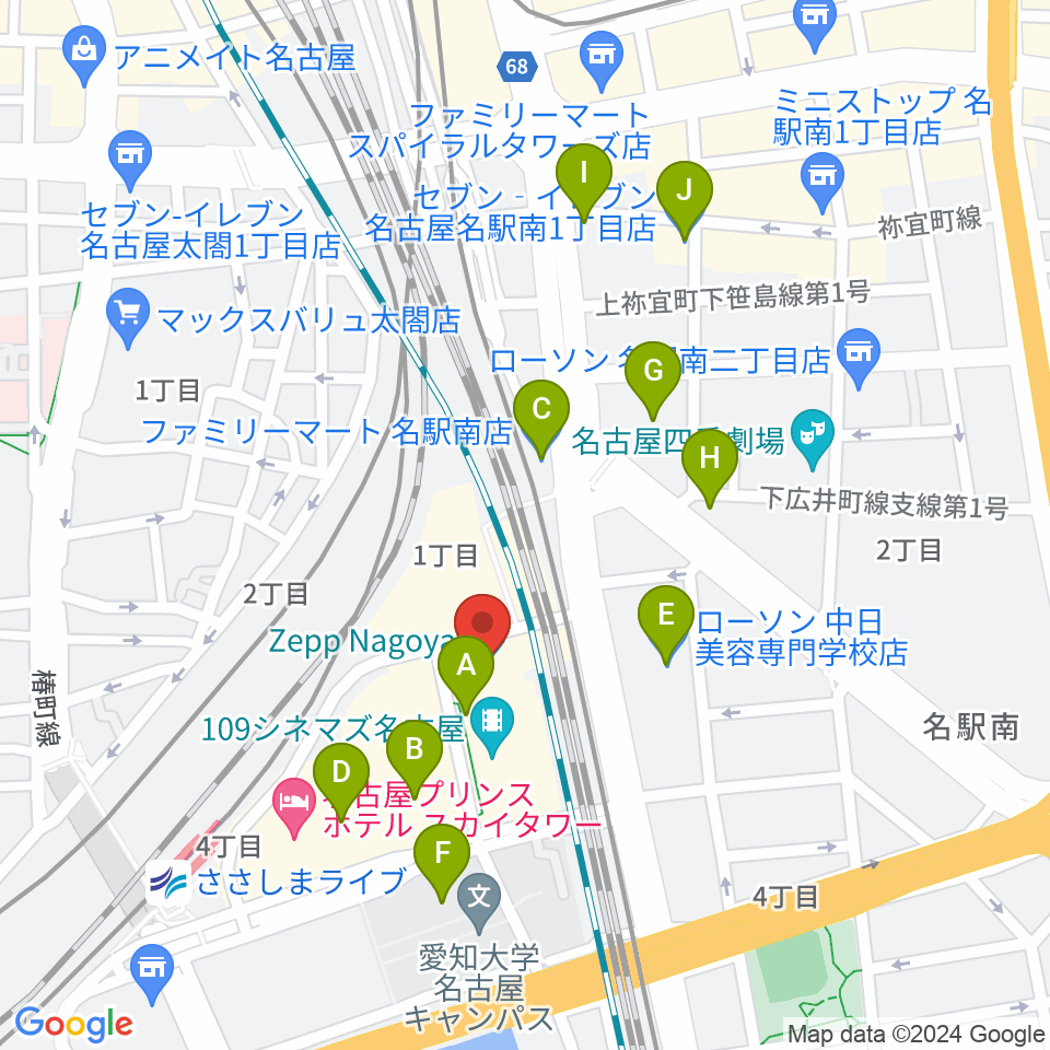 Zepp名古屋周辺のコンビニエンスストア一覧地図